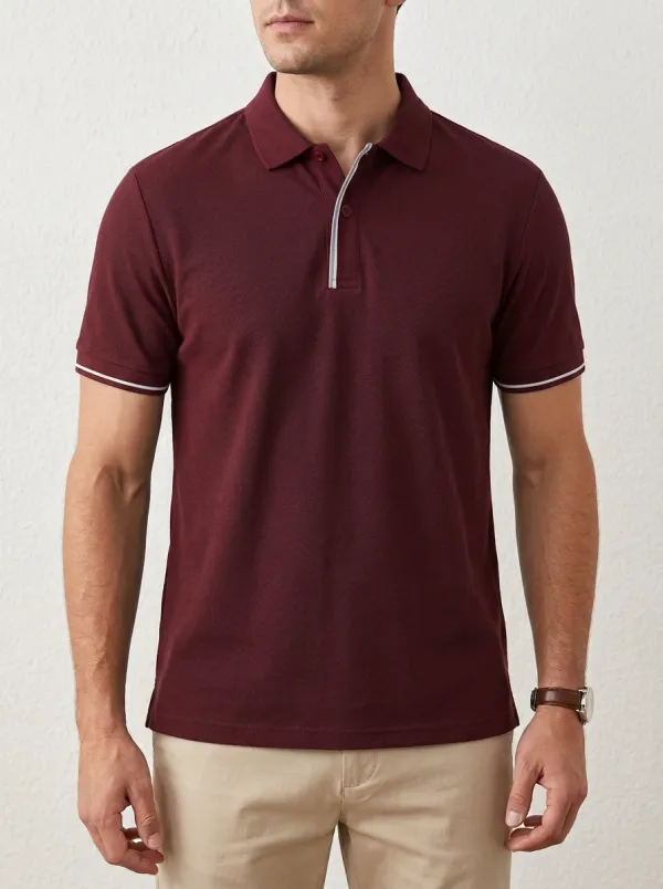Men's Navy Blue Buttonless Tipped Pique Polo Shirt
