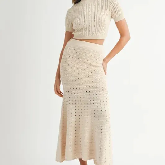 Pointelle Short Sleeve Crop Top and Slit Skirt Sweater Set