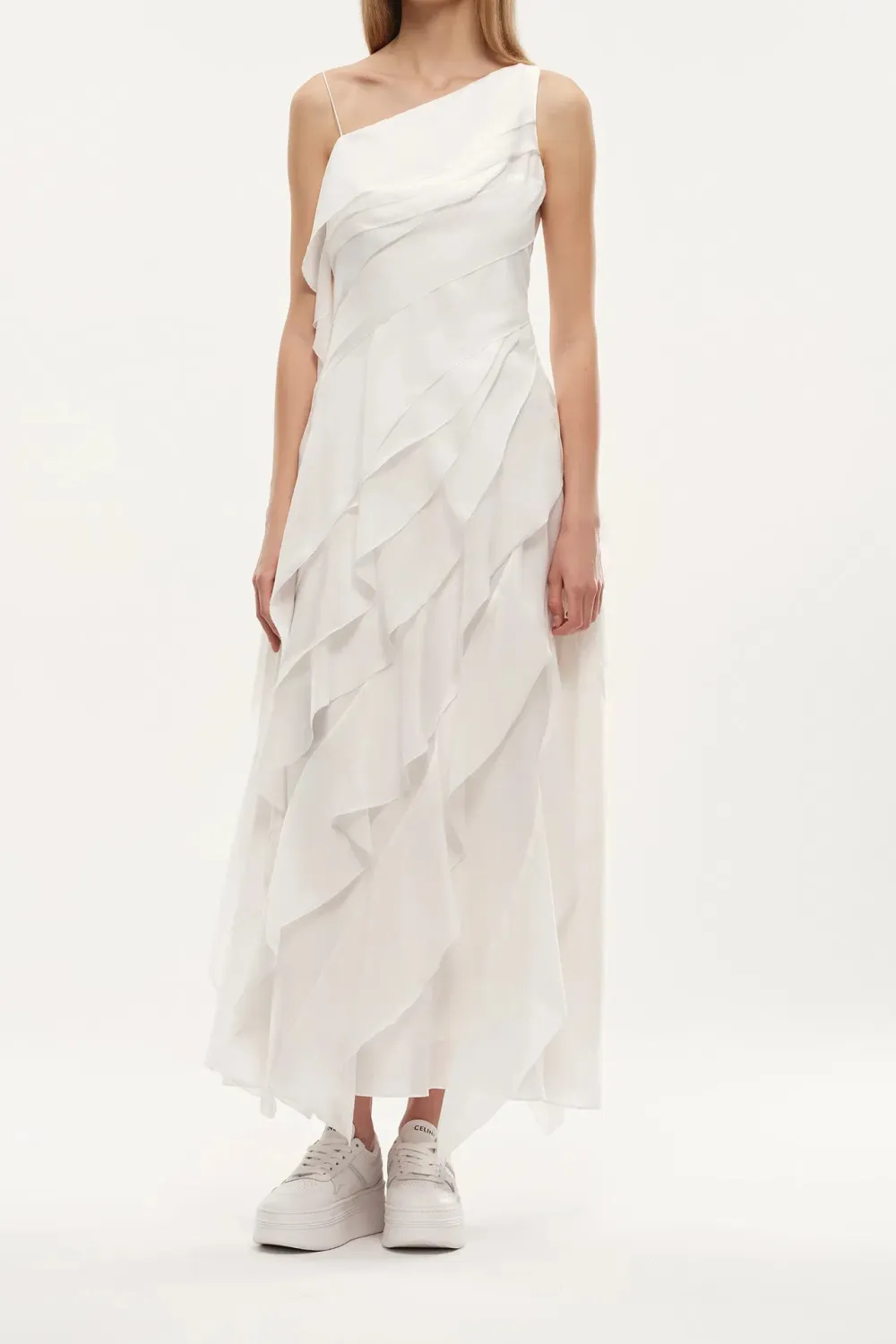 One Shoulder Ruffled Tie Front Silk Maxi Dress
