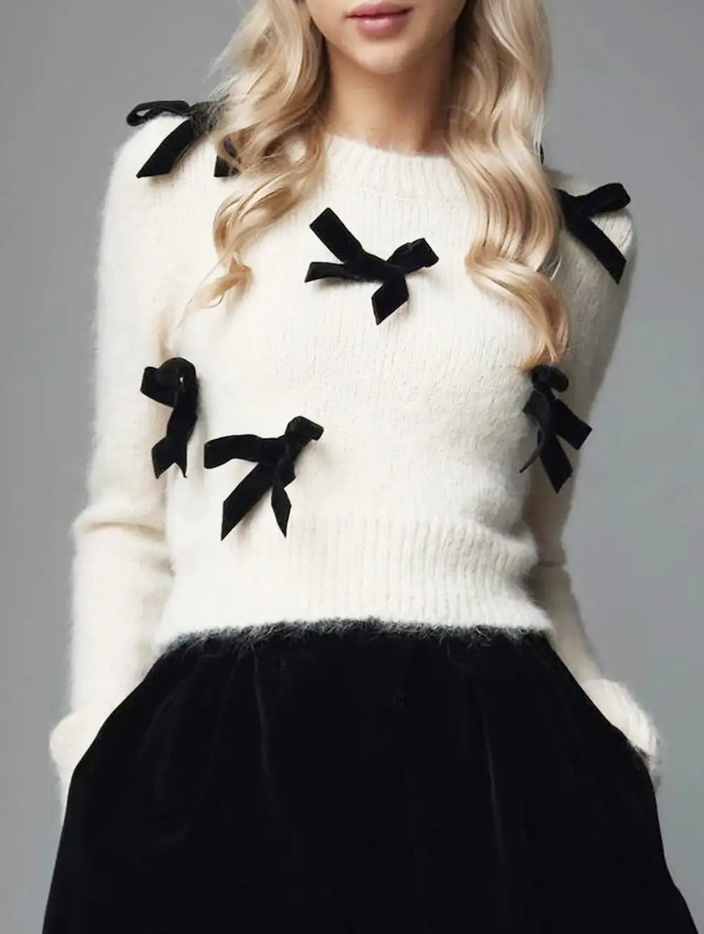 Plush Pullover Knit Top with Bow Sweater