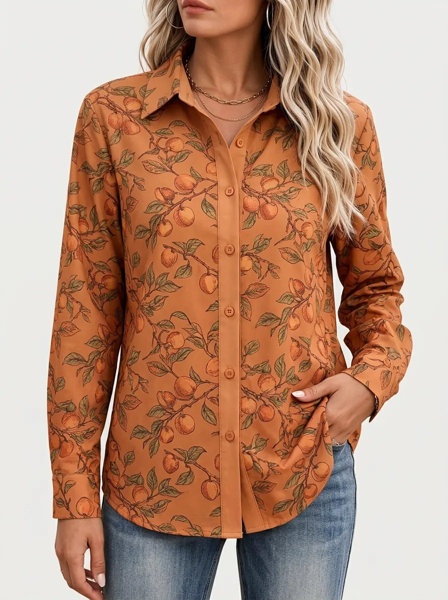 Women's Relaxed Orange-Fruit Point-Collar Long-Sleeve Button-Down Shirt