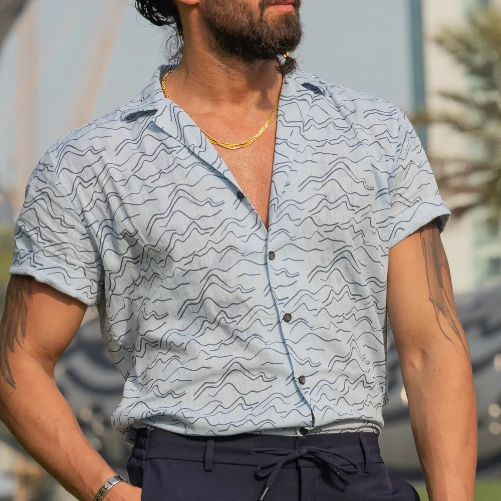 Open Collar Patterned Slim Fit Cotton Casual Shirt