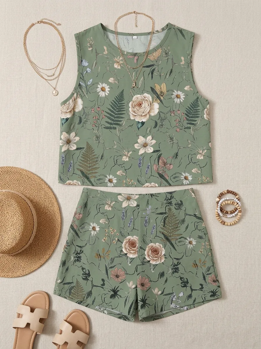 Women's Botanical Floral Fern Printed Sleeveless Short Set