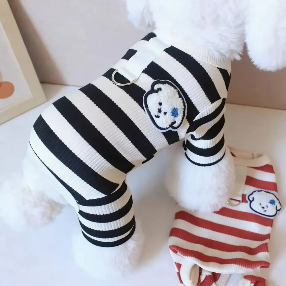 Cute Striped 4-Legged Pet Clothes, Breathable Knit Jumpsuit for Dogs & Cats, Cozy Indoor Pajamas for Small Breeds