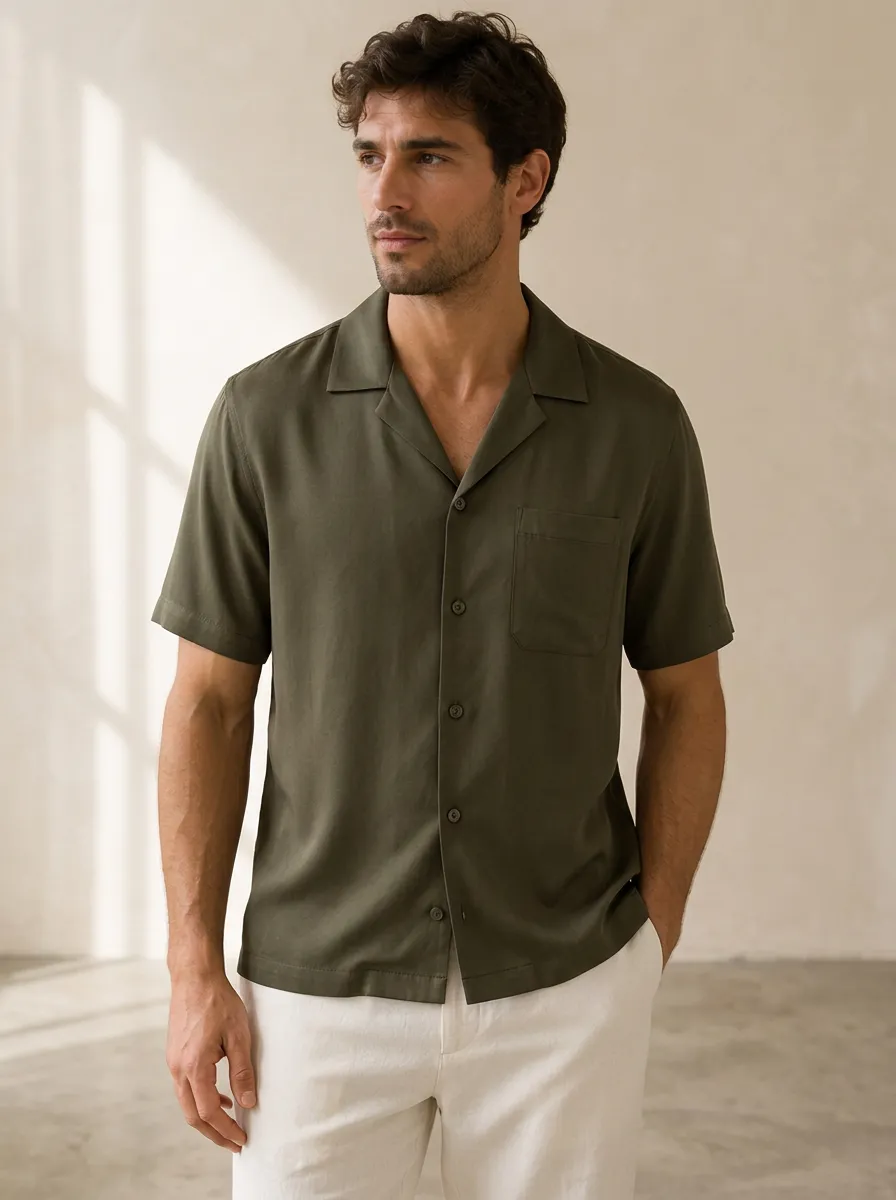 Men's Minimalist Olive Green Camp Collar Button Up Shirt