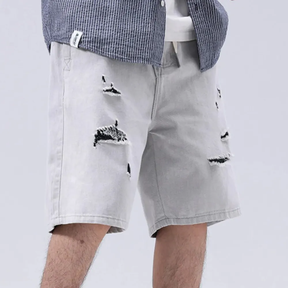 Drawstring Distressed Loose Fit Denim Shorts