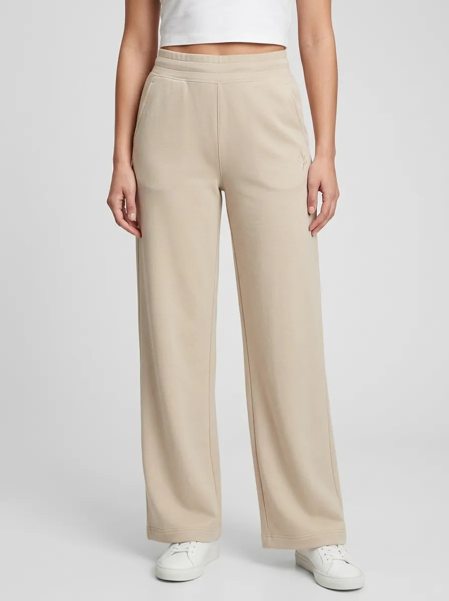 Women's Everyday Minimalist Beige Leaf Embroidered Sweatpants