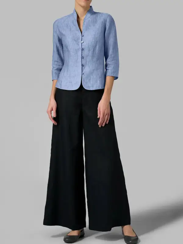 Linen Band Collar Blouse