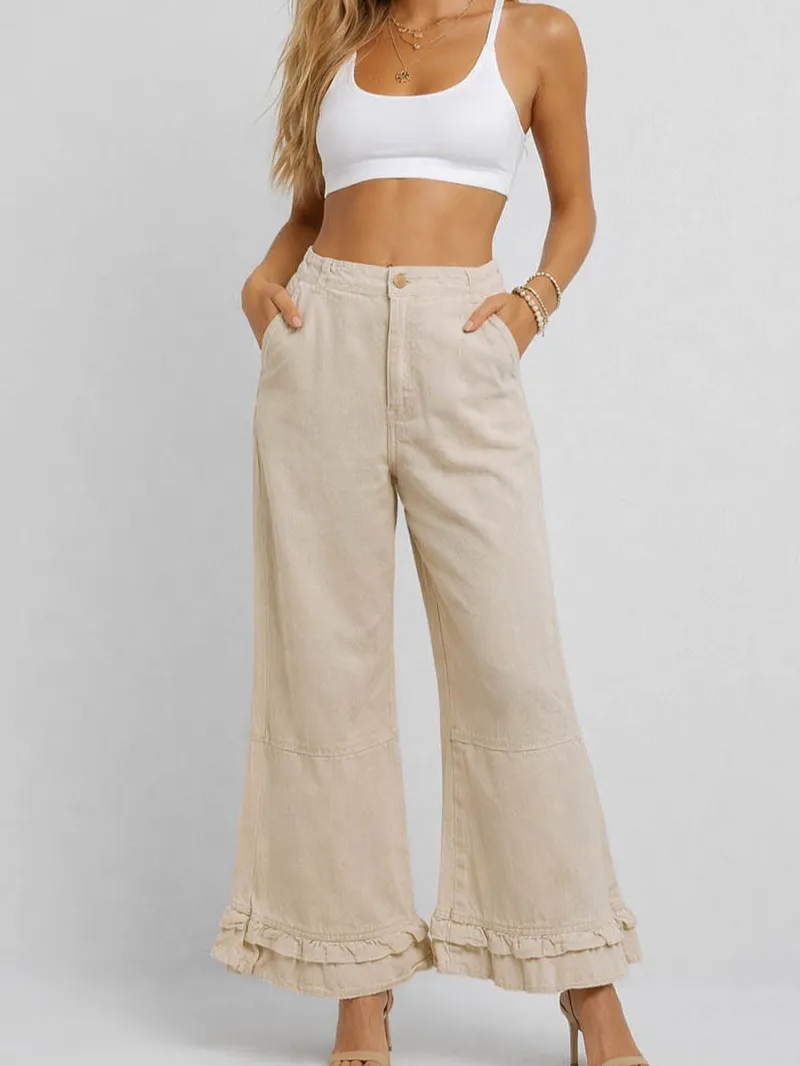 Ruffle Hem Jeans Elastic Waist Wide Leg Denim Pants