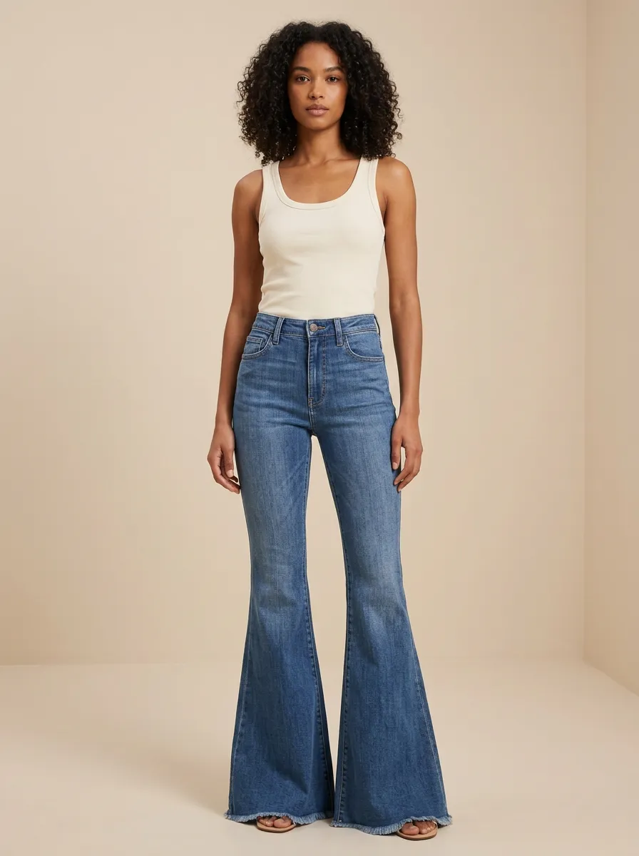 Frayed Hem Raw Hem Faded Finish Flare Jeans
