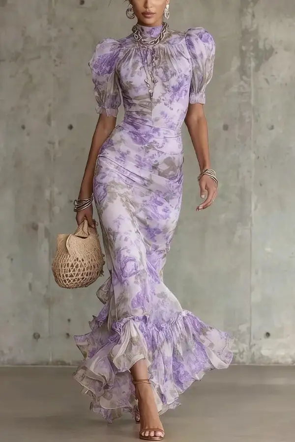 Balanced Romantic Ruffled Ruffle Sleeve And Flowing Maxi Skirt Set