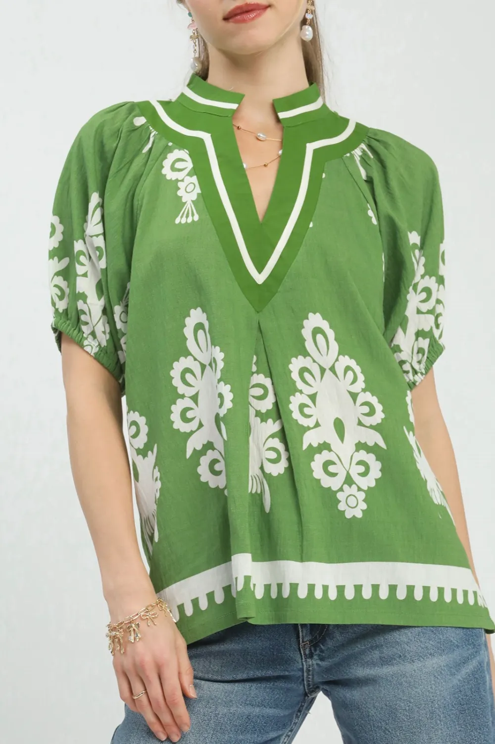 Boho Print Split-Neck Ruched Short Sleeve Artistic Top