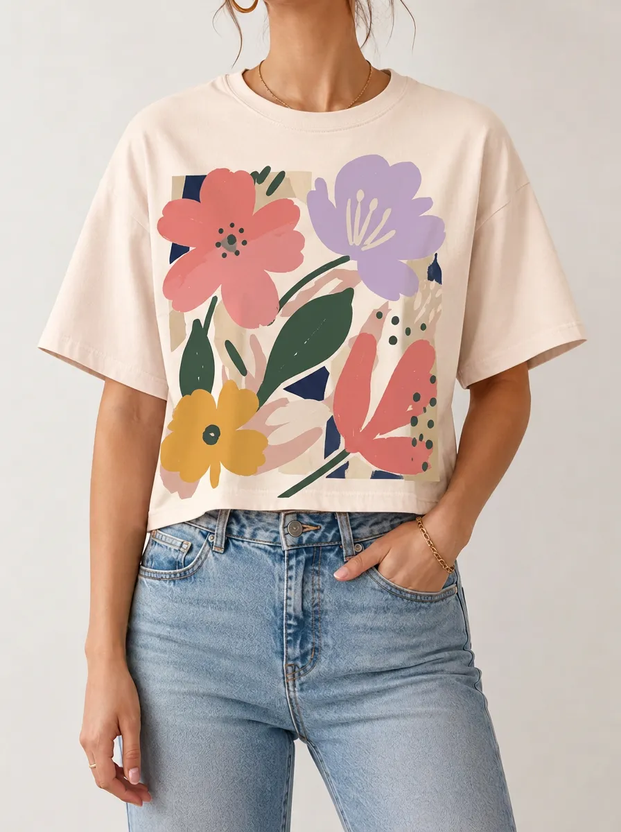 Women's Abstract Floral Art Printed Crop T-shirt