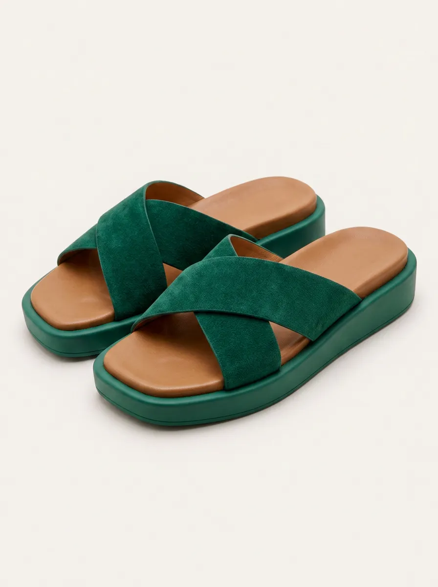 Women's Casual Summer Green Suede Cross Strap Platform Sandals