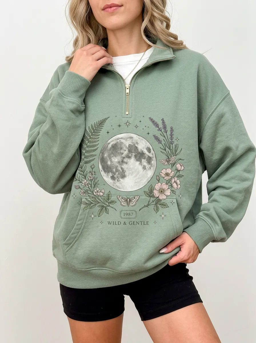 Women's Celestial Moon Floral Moth Graphic Quarter Zip Sweatshirt