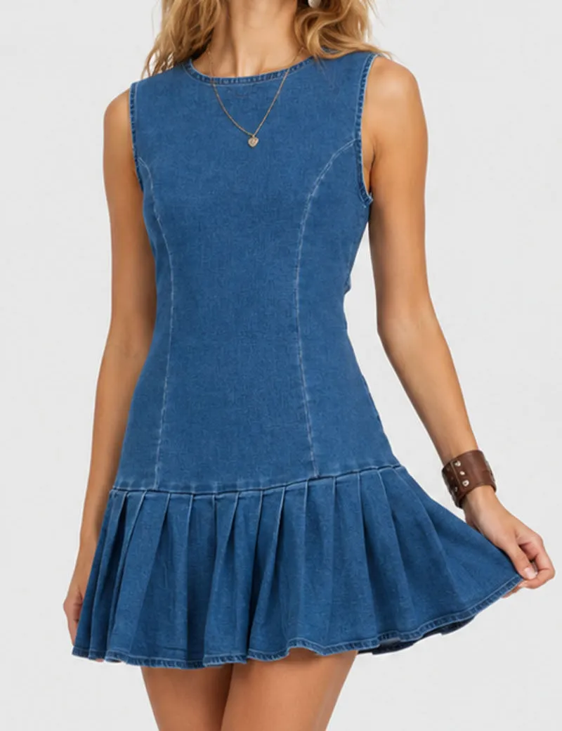Back Pleated Sleeveless Denim Mini Dress