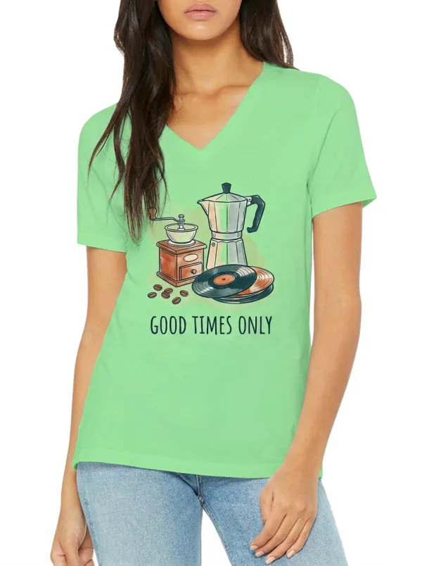 Women's Coffee Vinyl Lover Good Times Printed V-neck T-Shirt