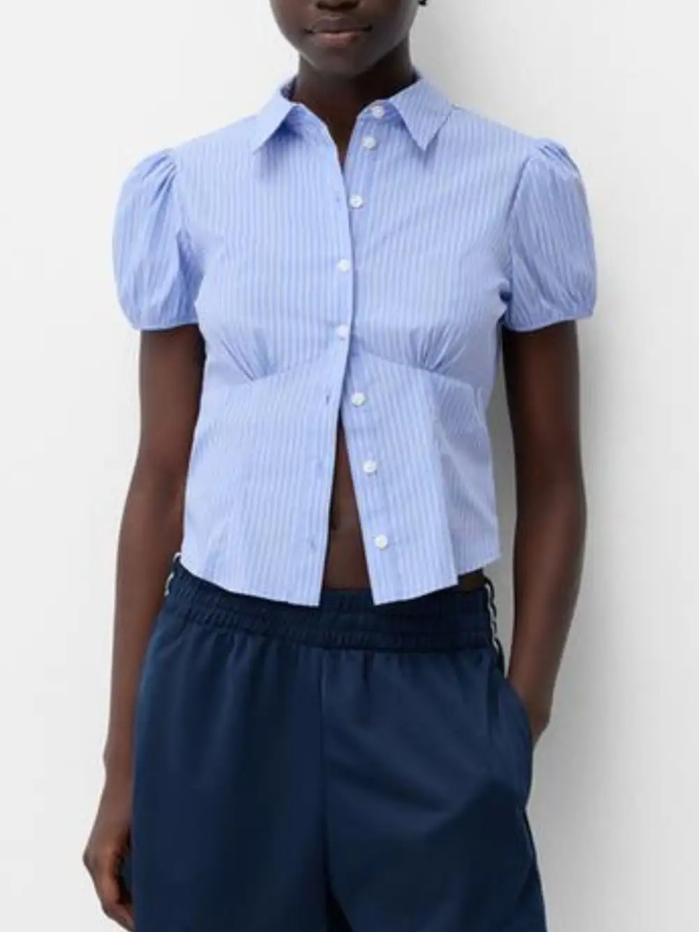 Puff-Sleeve Striped Buttoned Shirt