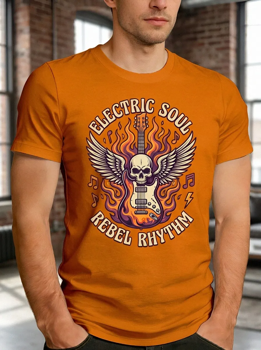 Men's Rock Music Lover Winged Skull Guitar Printed T-shirt
