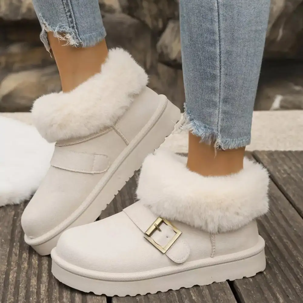 Fuzzy Trim Buckle Accent Winter Boots