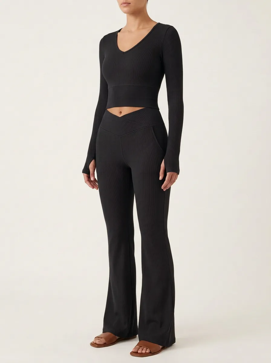 Women's Ribbed V-Neck Thumbhole Crop Top and Crossover-Waist Flare Legging Set