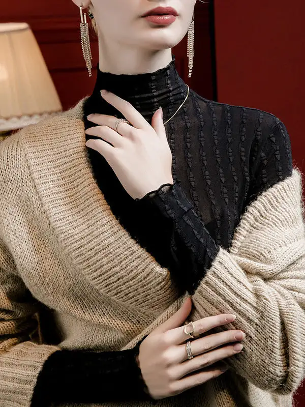 Long Sleeve Curve Fit Jacquard Sheer Panel Detail High Neck T-Shirt