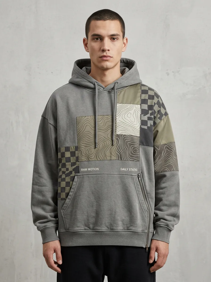 Topographic Checkered Patchwork Men's Graphic Hoodie