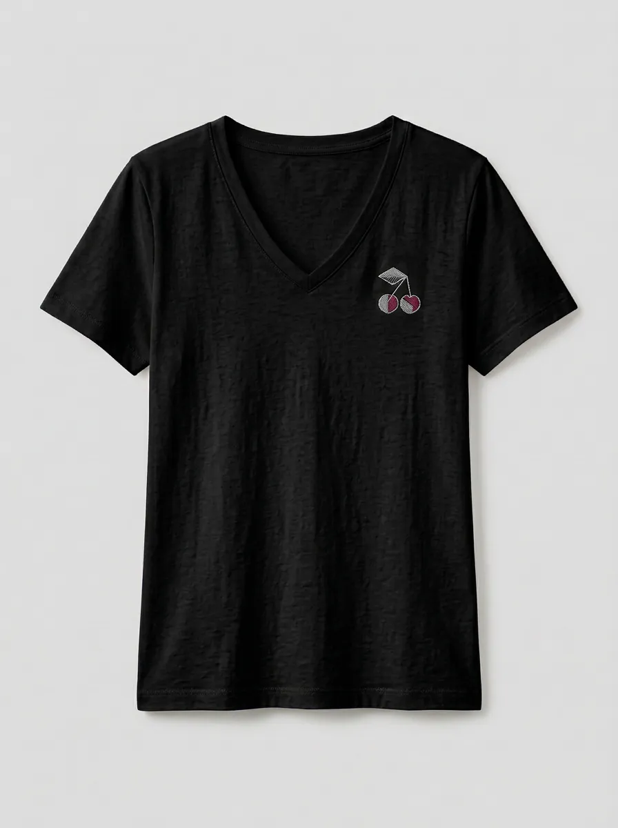 Women's Cherry-Embroidered Left-Chest V-Neck T-Shirt