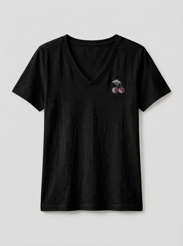 Women's Cherry-Embroidered Left-Chest V-Neck T-Shirt