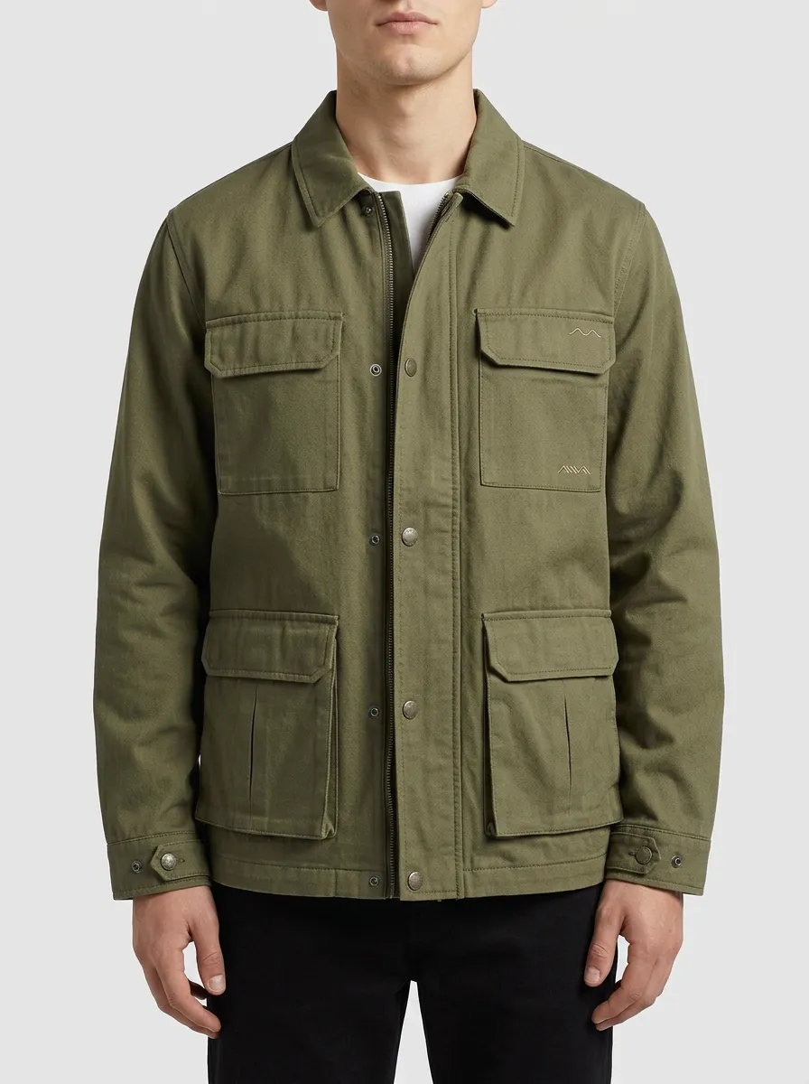 Men's Military Style Olive Green Multi-Pocket Utility Jacket