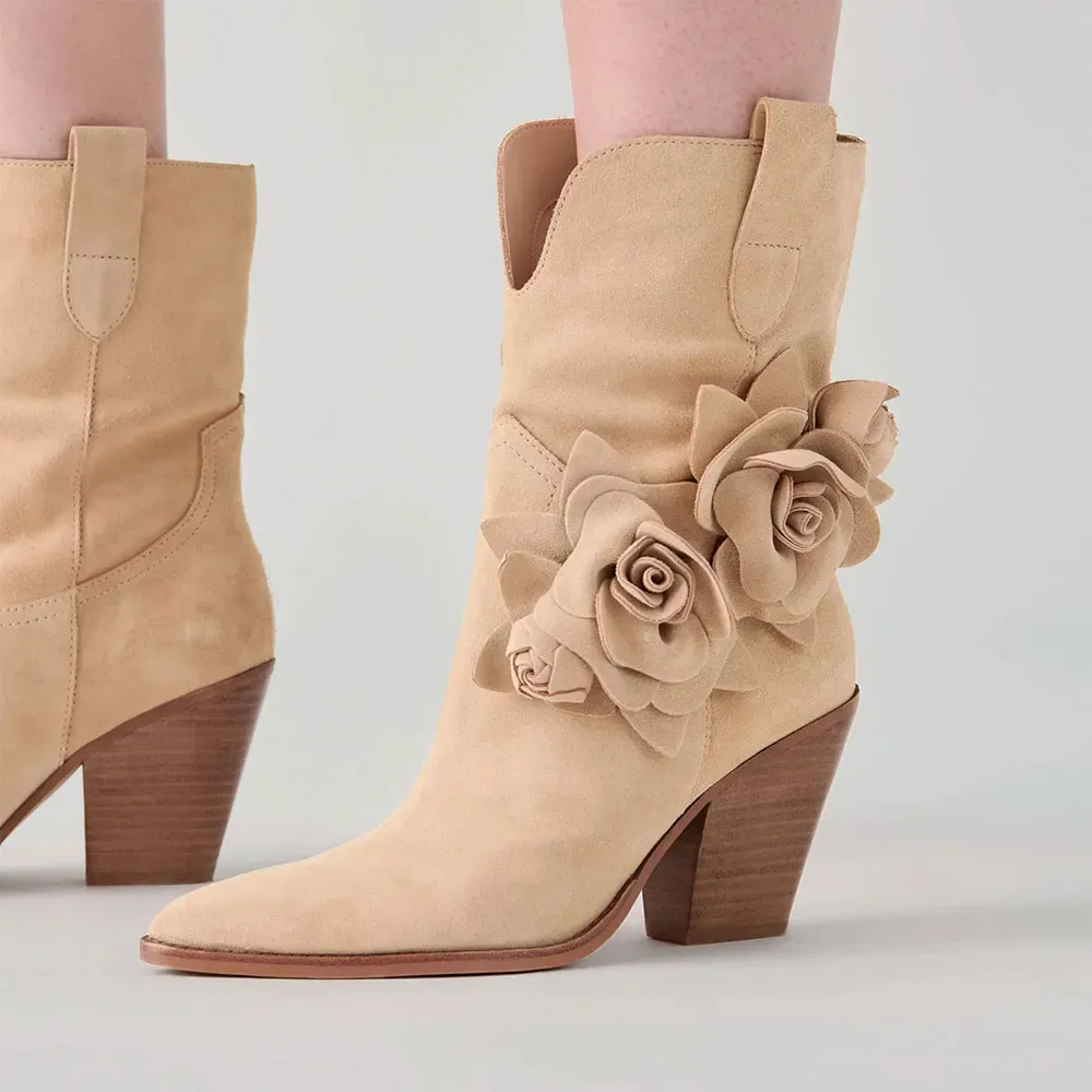 Faux-Suede Pull-On Floral Pointed-Toe Western Boots