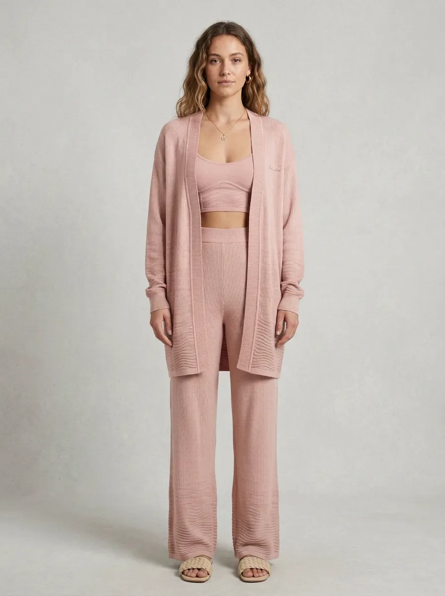 Ribbed Embroidered Cardigan Lounge Set
