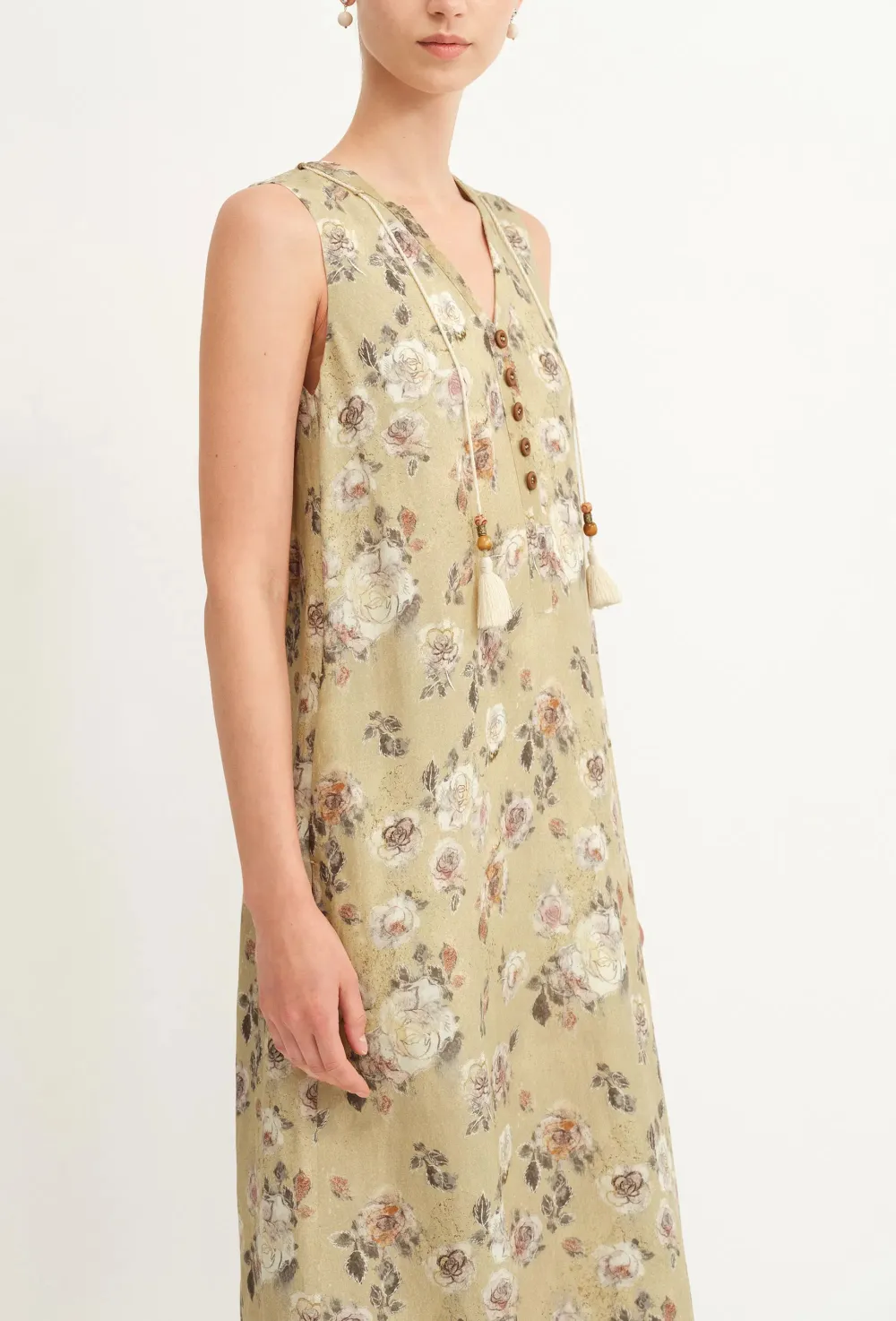 V-Neck Printed Floral Linen Midi Dress