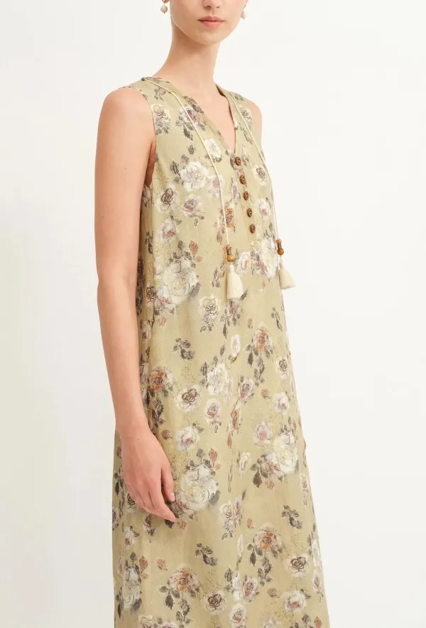 V-Neck Printed Floral Linen Midi Dress