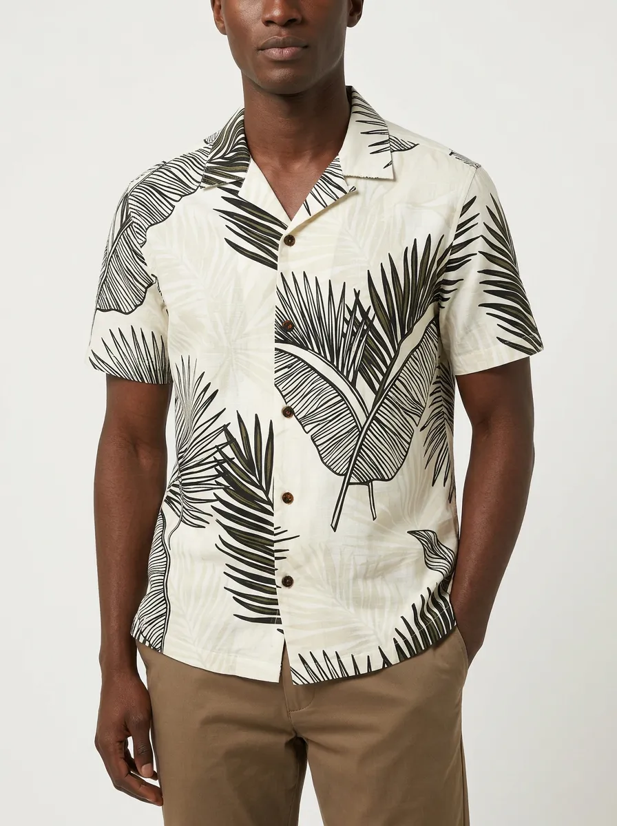 Men's Palm Print Camp Collar Shirt
