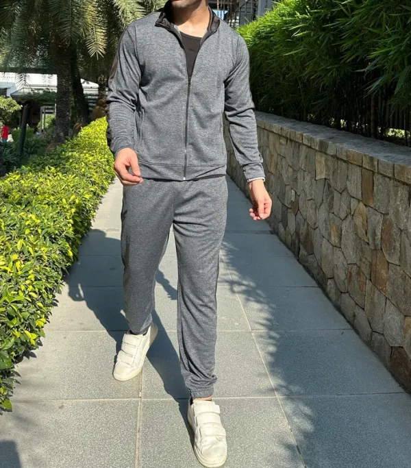 Dark Grey Zip-Up Tracksuit Set with Hoodie