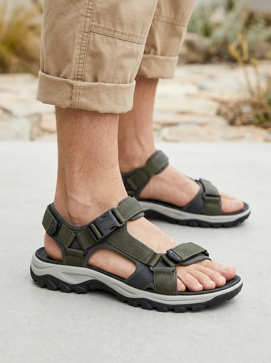 Men's Outdoor Hiking Olive Green Adjustable Strap Sandals