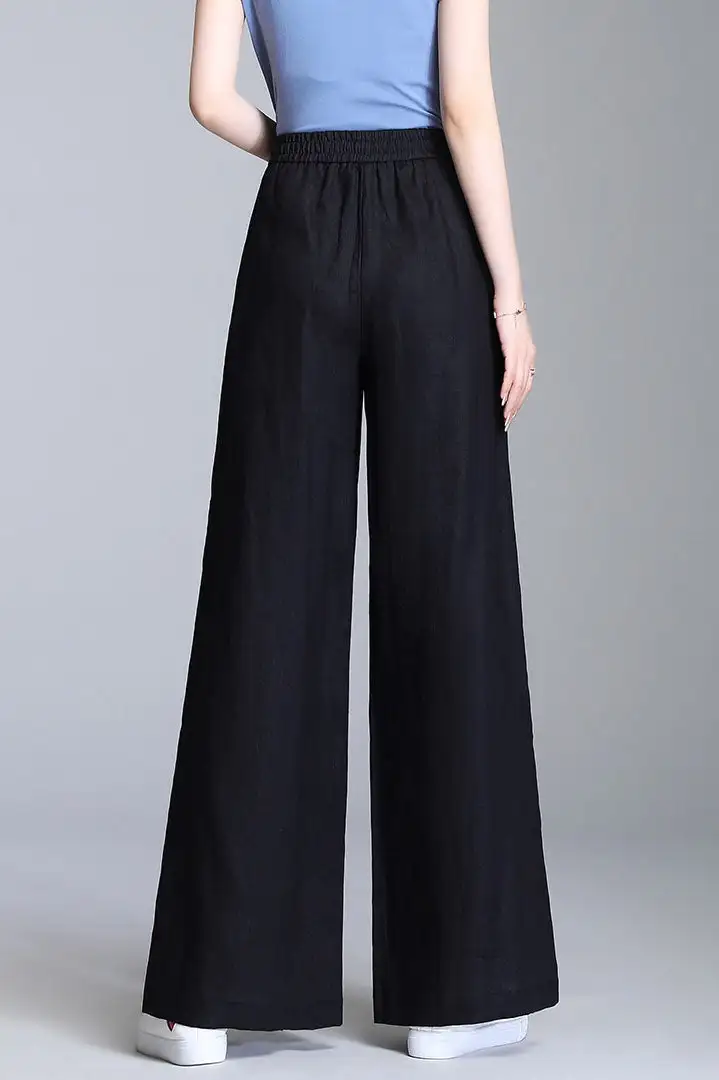 Polished Linen Wide Leg High Waist Pocketed Trousers