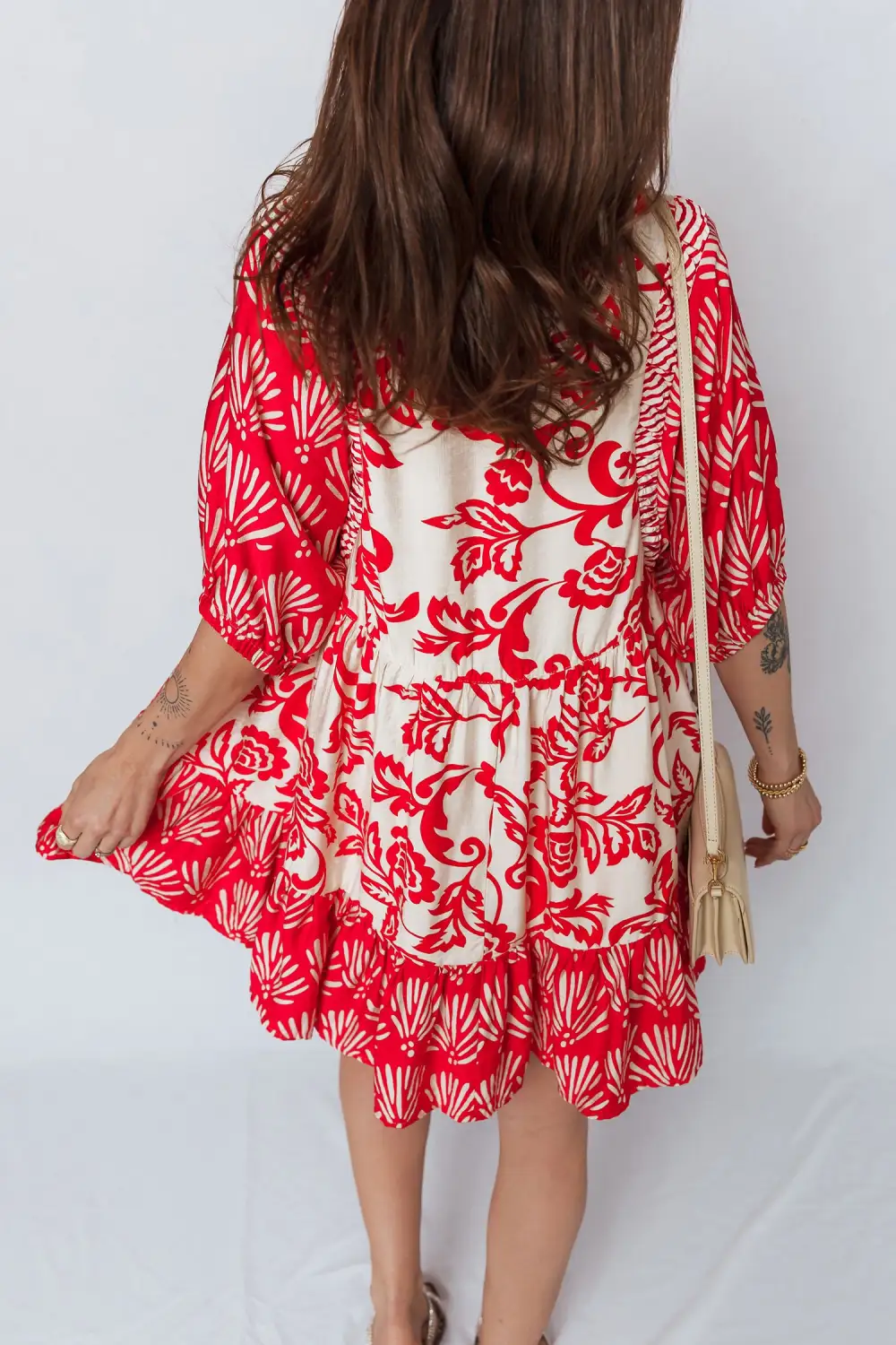 Women's V Neck Collared Half Sleeve Loose Fit Mini Dress