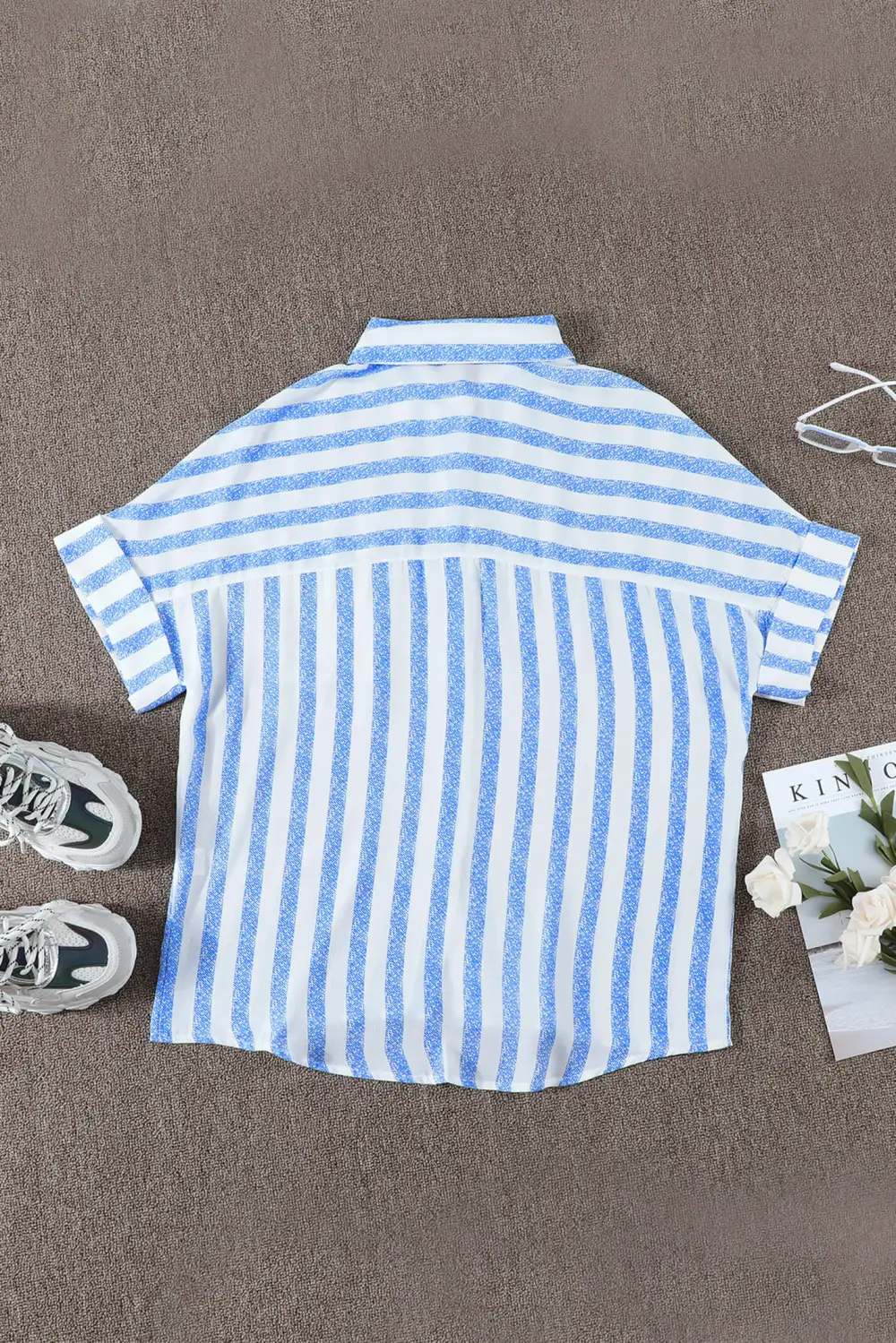 V Neck Stripes Roll Up Shirt