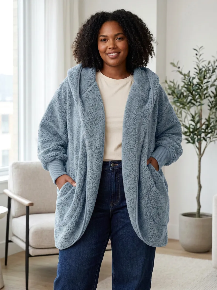 Everyday Open-Front Fleece Hooded Cardigan
