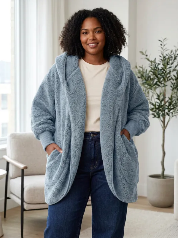 Everyday Open-Front Fleece Hooded Cardigan