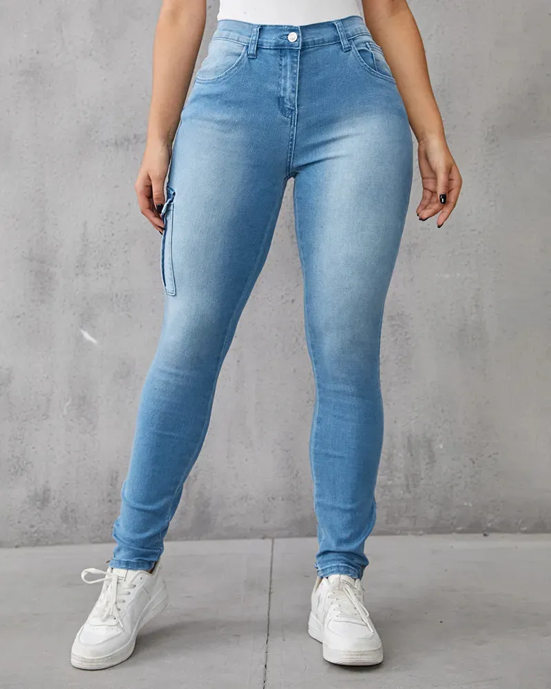 Flap Pocket Zipper Side Skinny Jeans