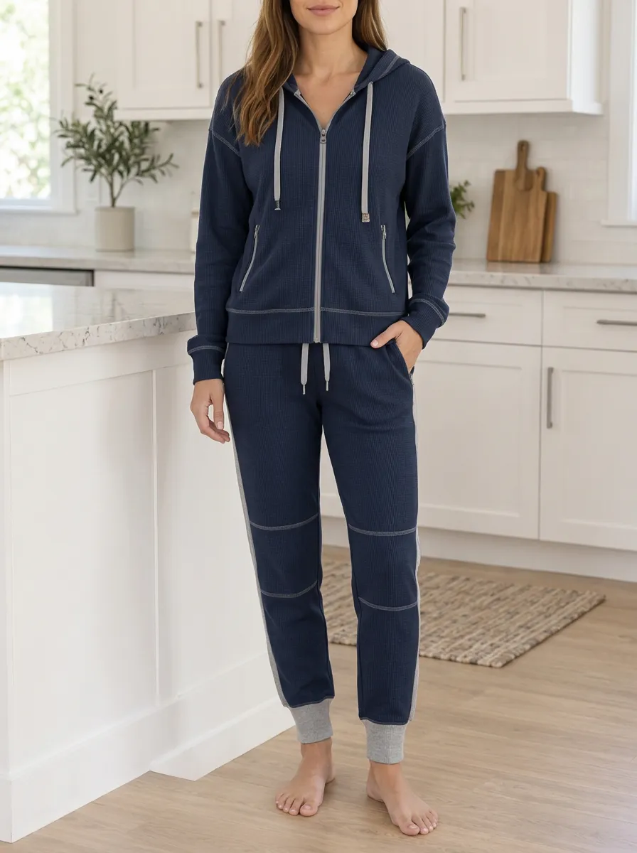 Women's Waffle Texture Ribbed Contrast Detail Zip Hoodie Jogger Set