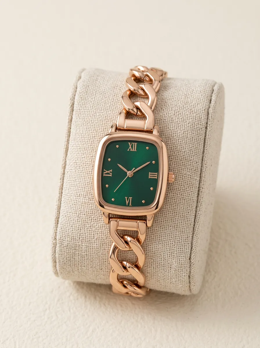 Rose Gold Tone Chain Link Watch With Emerald Green Dial