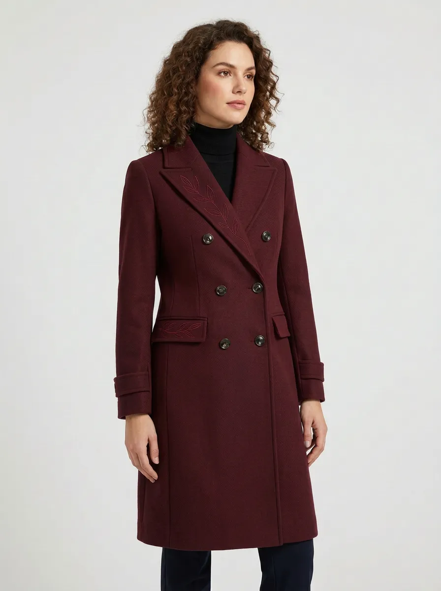 Women's Navy Leaf Embroidered Double-Breasted Wool Coat