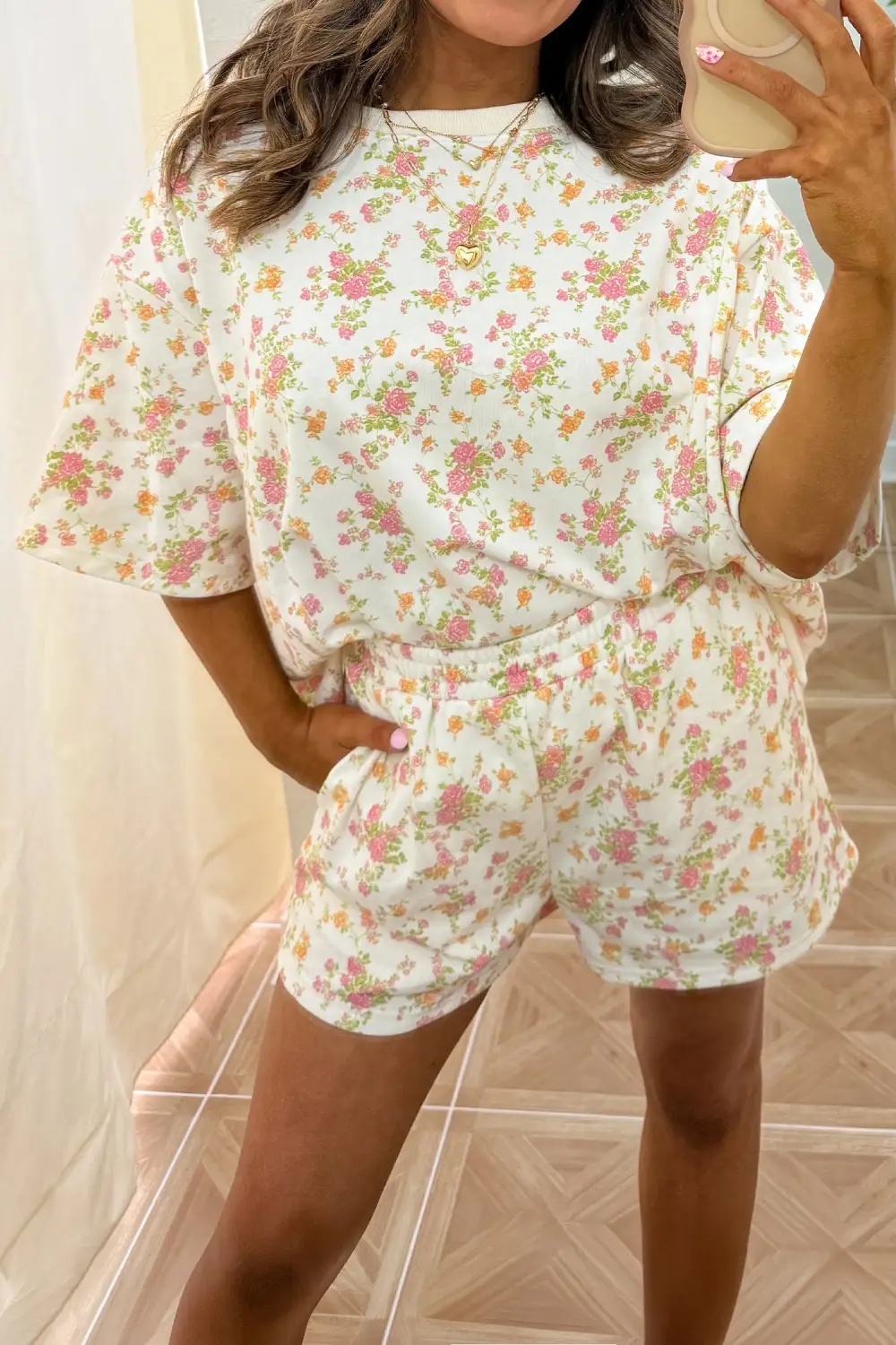 Women's Floral Print Short Sleeve Elastic Waist Pocket Two Piece Set