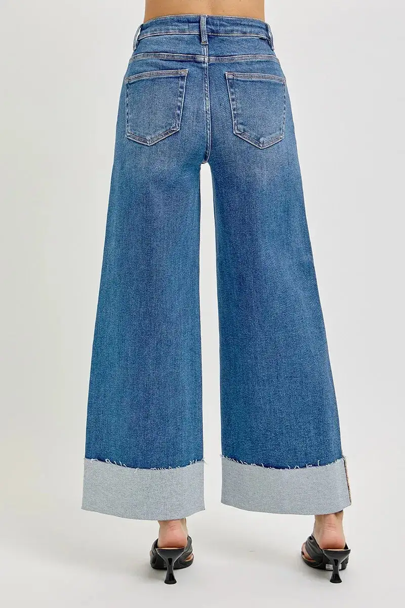 Relaxed High Waist Wide Leg Cuffed Denim Jeans