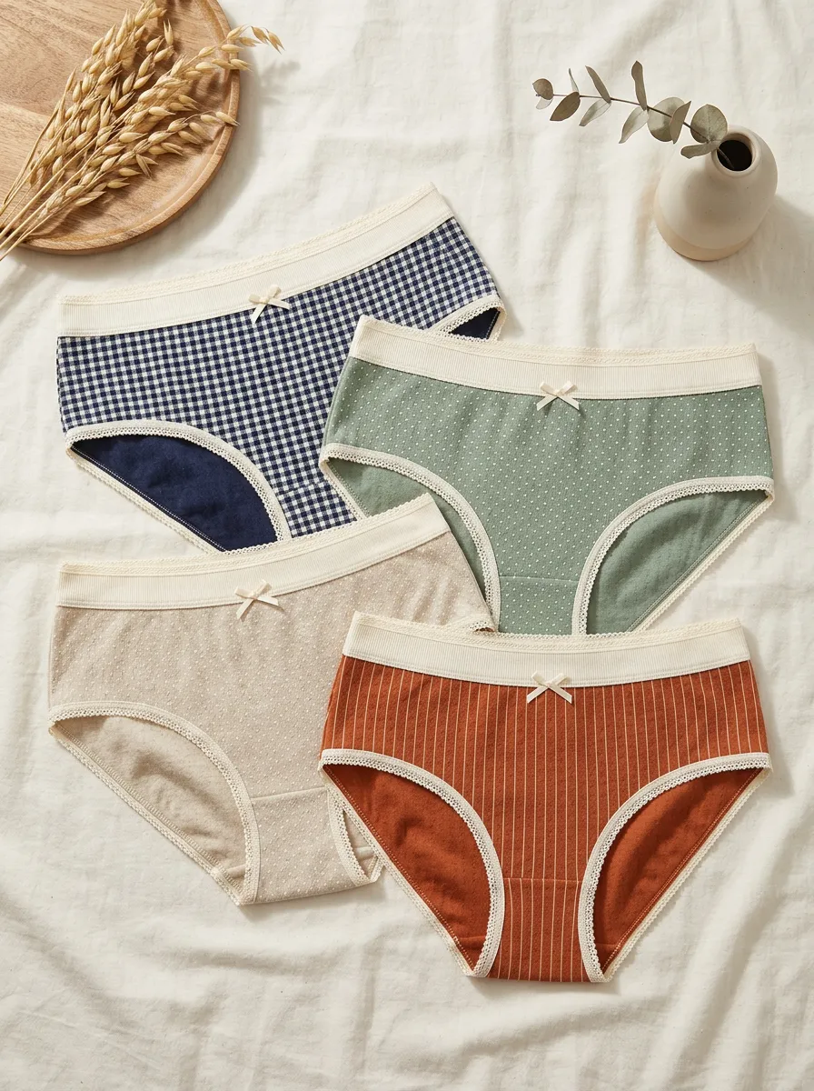 Women's Vintage Style Gingham Polka Dot Striped Printed Panties 4-Pack