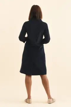 Cotton Button-Front Pocket Collared Long-Sleeve A-Line Knee-Length Dress